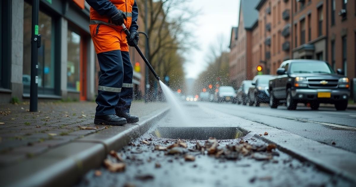 Profissional realizando limpeza com hidrojateamento em rua